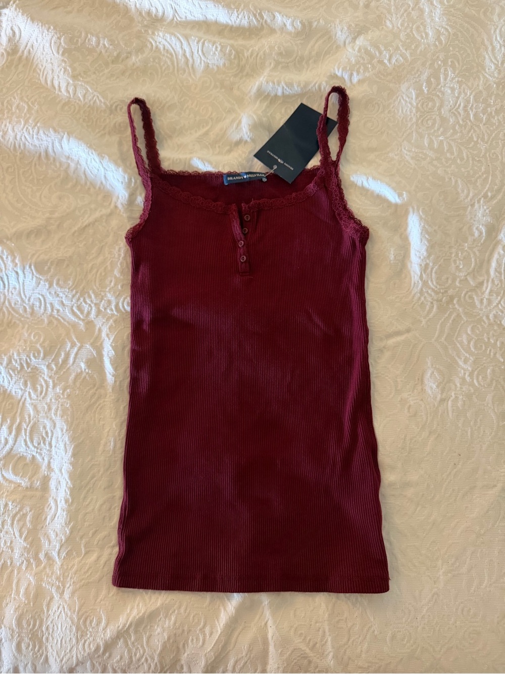 Brandy Melville Burgundy Ribbed Lace-Trim Henley Cami